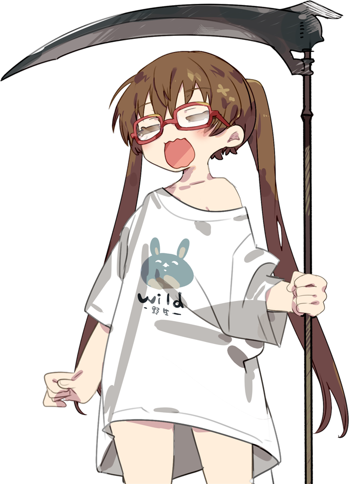 1girl bespectacled blush brown_hair closed_eyes clothes_writing collarbone english_text glasses holding holding_scythe karei long_hair long_sleeves off_shoulder open_mouth red-framed_eyewear scythe shirt short_sleeves simple_background solo tsukuyomi_ai twintails very_long_hair voiceroid white_background white_shirt