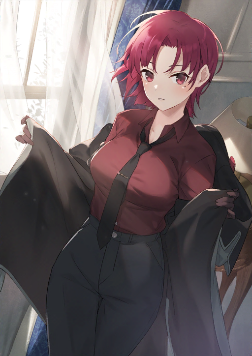 1girl bangs bazett_fraga_mcremitz black_pants breasts buttons fate/grand_order fate_(series) gloves hayashi_kewi jacket large_breasts loose_necktie manannan_mac_lir_(fate) mole mole_under_eye necktie official_art open_clothes open_jacket pants parted_bangs red_eyes red_shirt redhead shirt solo window