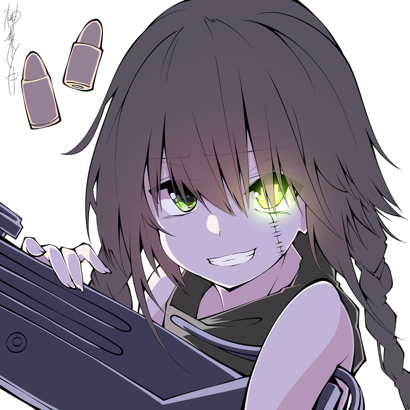 1girl bangs black_hair braid bullet commission girls_frontline glowing glowing_eye green_eyes grin gun hair_between_eyes holding holding_gun holding_weapon long_hair looking_at_viewer mac-10_(girls'_frontline) portrait sakakiba_misogi signature simple_background skeb_commission sleeveless smile solo stitched_face stitches twin_braids weapon white_background