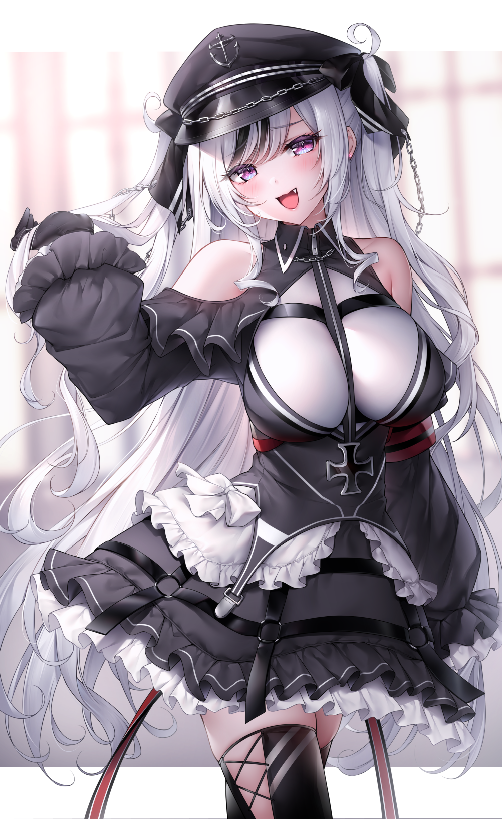 1girl :d azur_lane bangs bare_shoulders black_dress black_gloves black_hair black_headwear black_legwear blush breasts chain clothing_cutout collared_dress commentary_request cowboy_shot dress elbe_(azur_lane) eyebrows_visible_through_hair fang frilled_dress frills gloves hat highres holding holding_hair large_breasts long_hair long_sleeves looking_at_viewer multicolored_hair oyuwari shoulder_cutout silver_hair smile solo standing streaked_hair thigh-highs very_long_hair violet_eyes