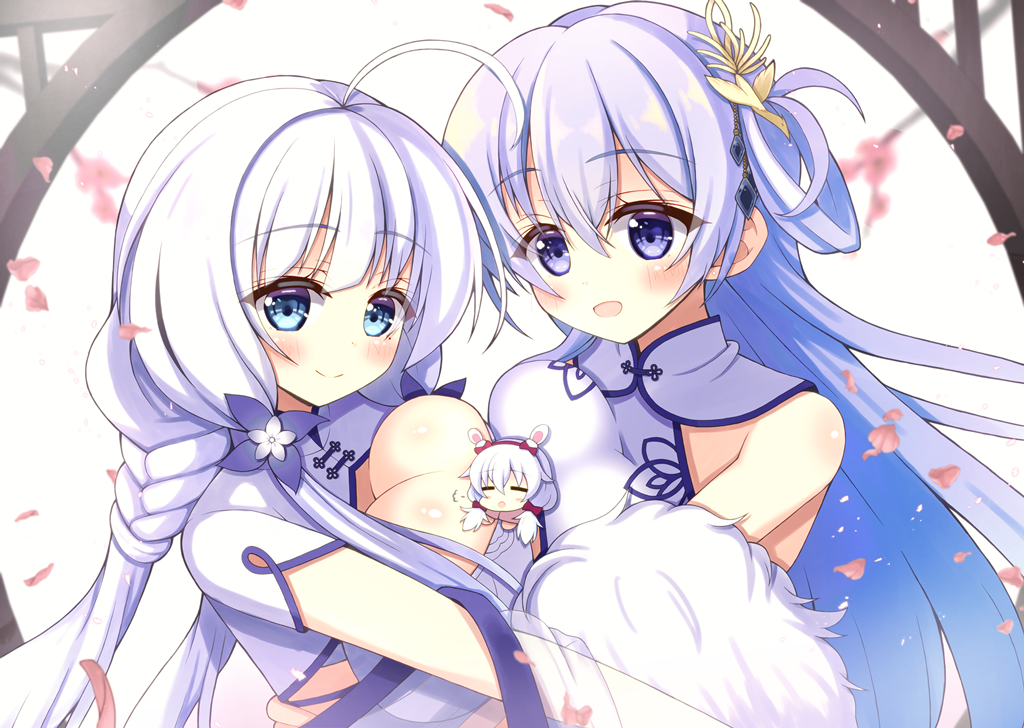 3girls animal_ears azur_lane bell breast_press breasts china_dress chinese_clothes cutout_above_navel dress fake_animal_ears feather_boa flower hair_flower hair_ornament hairband illustrious_(azur_lane) illustrious_(maiden_lily's_radiance)_(azur_lane) jingle_bell laffey_(azur_lane) laffey_(white_rabbit_welcomes_the_spring)_(azur_lane) large_breasts light_purple_eyes light_purple_hair low_twintails minigirl mole mole_under_eye multiple_girls official_alternate_costume petals pleated_dress rabbit_ears red_eyes red_hairband rodney_(azur_lane) rodney_(immaculate_beauty)_(azur_lane) sleeveless sleeveless_dress symmetrical_docking tree tri_tails twintails white_dress white_hair window yazuki_yume