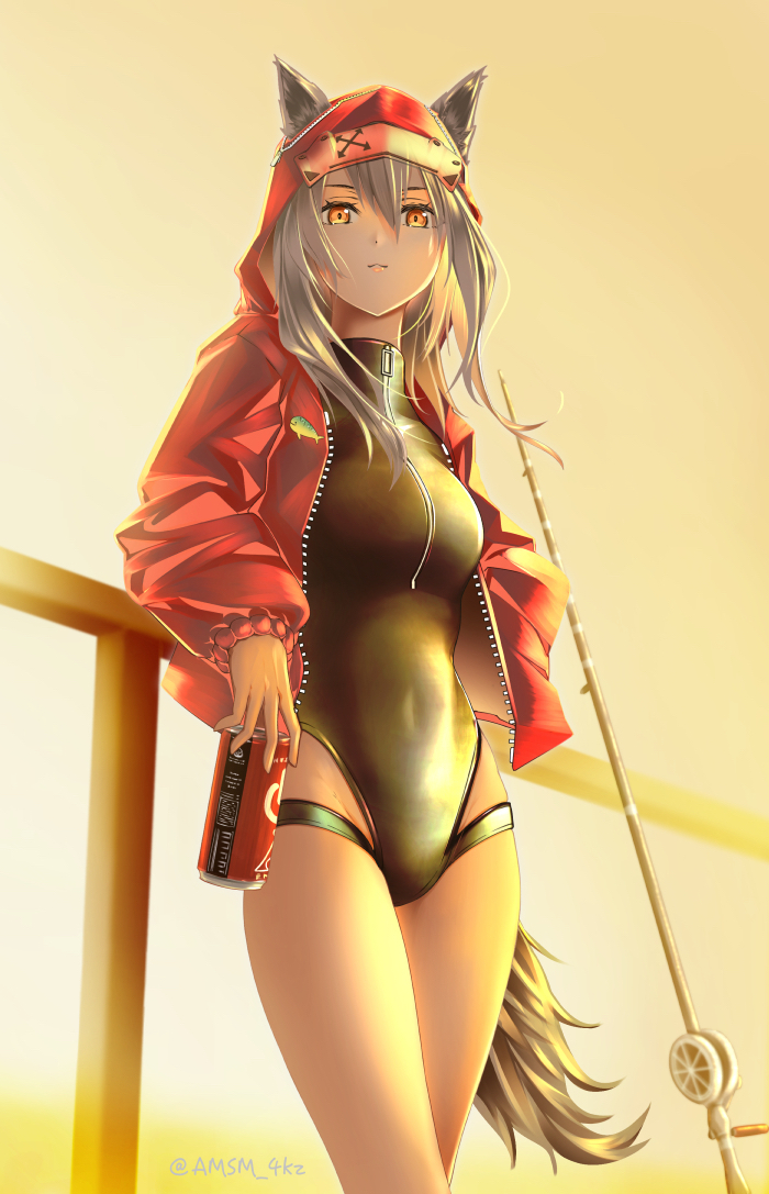 1girl against_railing animal_ear_fluff arknights artist_name backlighting bangs black_swimsuit breasts can casual_one-piece_swimsuit closed_mouth evening eyebrows_visible_through_hair feet_out_of_frame fishing_rod groin hair_between_eyes holding holding_can hood hood_up hooded_jacket jacket long_hair long_sleeves looking_at_viewer medium_breasts official_alternate_costume one-piece_swimsuit open_clothes open_jacket orange_eyes outdoors projekt_red_(arknights) projekt_red_(light_breeze)_(arknights) railing red_jacket revision silver_hair smile soda_can solo standing sunset swimsuit swimsuit_under_clothes tail thighs twitter_username unzipped wolf_girl wolf_tail yellow_sky yokaze_(yokajie)