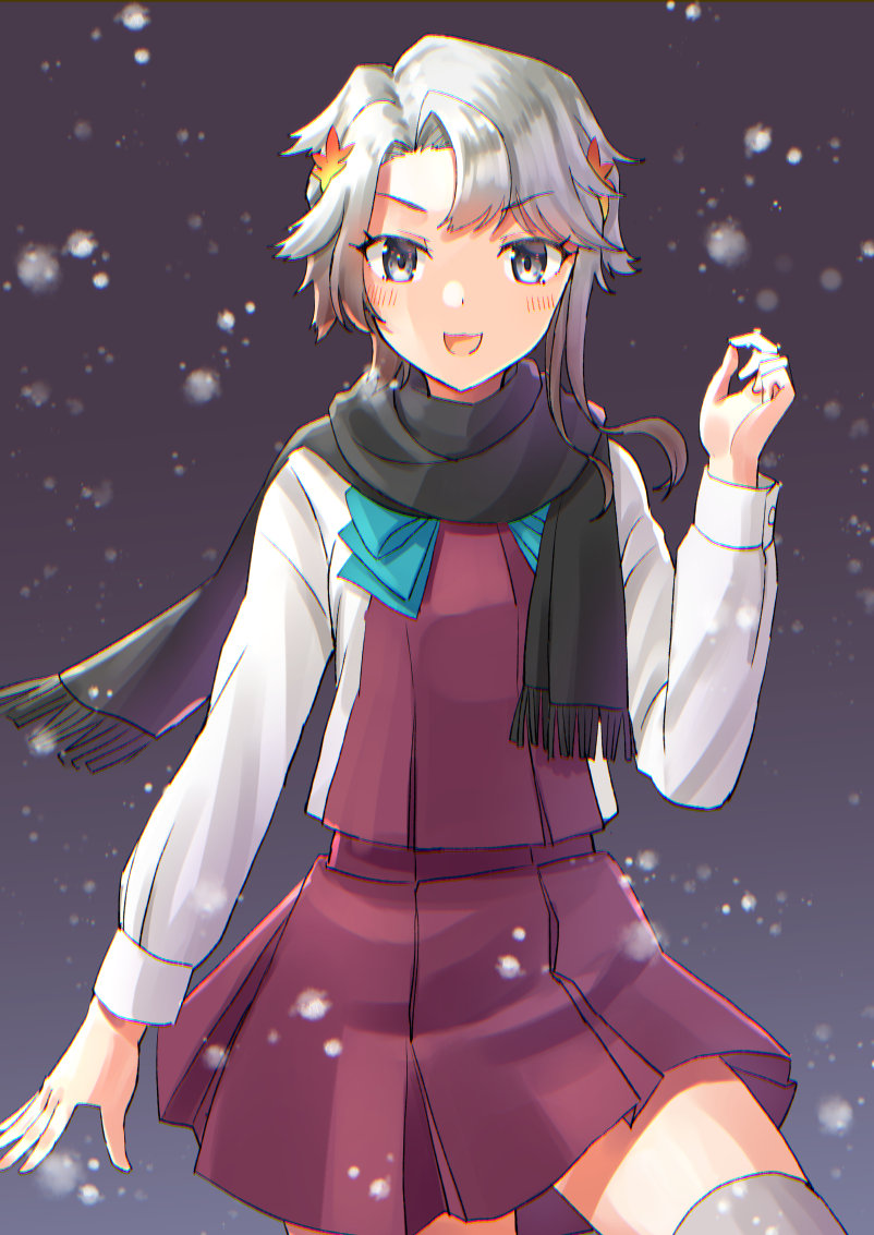 1girl akishimo_(kancolle) asymmetrical_hair black_scarf blush cowboy_shot dress eyebrows_visible_through_hair fringe_trim grey_eyes grey_legwear hair_ornament kantai_collection leaf_hair_ornament long_sleeves mayura2002 open_mouth pleated_dress purple_dress scarf shirt short_hair silver_hair smile snow snowing solo thigh-highs white_shirt