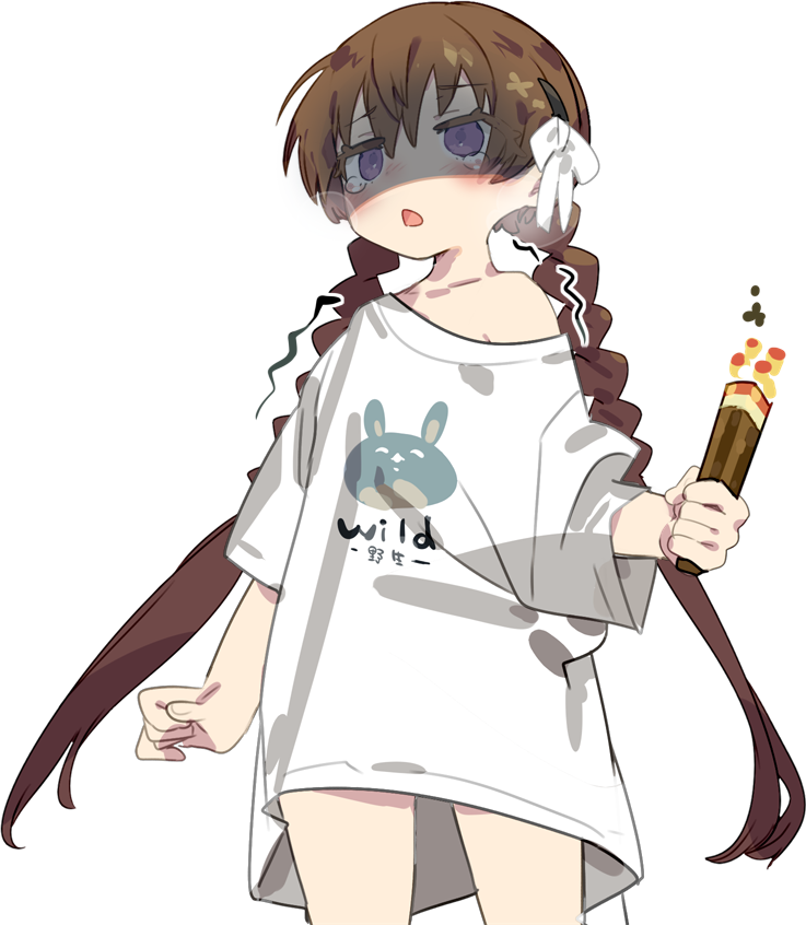 1girl bangs blush bow braid brown_hair clothes_writing english_text eyebrows_visible_through_hair hair_between_eyes hair_bow holding karei long_sleeves low_twintails minecraft off_shoulder open_mouth shaded_face shirt short_sleeves simple_background solo tears torch trembling tsukuyomi_ai twin_braids twintails violet_eyes voiceroid white_background white_bow white_shirt