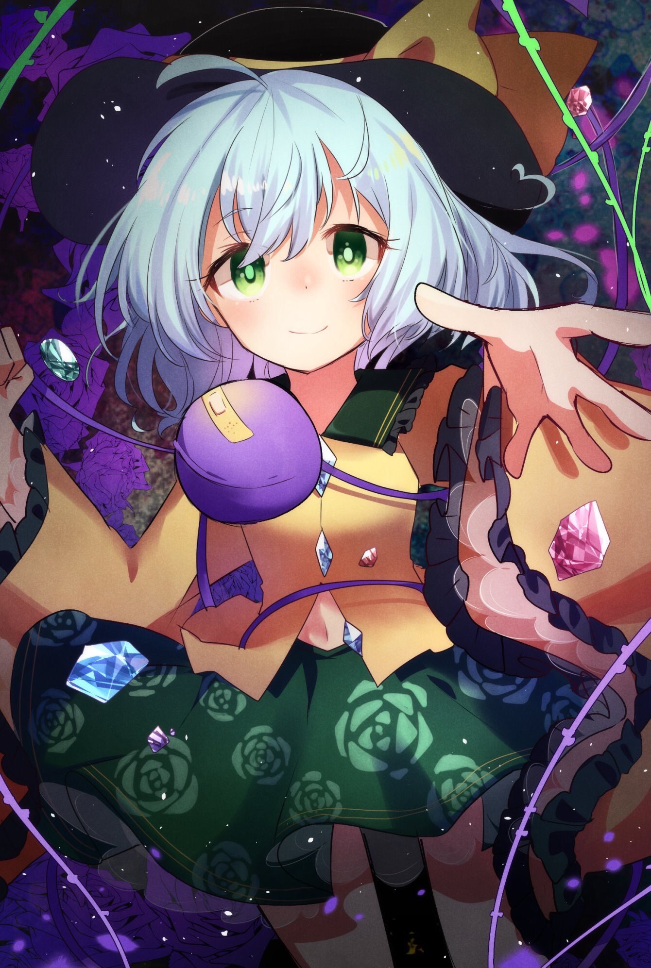 1girl ahoge ametama_(runarunaruta5656) bandaid bangs blouse blush breasts bright_pupils buttons closed_mouth collar diamond_button eyeball eyelashes floral_print frilled_collar frilled_skirt frilled_sleeves frills gem green_eyes green_hair green_skirt highres komeiji_koishi light_particles long_sleeves looking_at_viewer medium_breasts navel outstretched_arm plant rose_print short_hair skirt smile solo third_eye thorns touhou vines white_pupils wide_sleeves yellow_blouse