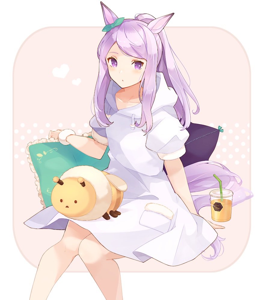 1girl animal_ears arm_support bangs bee border bow bug collarbone commentary_request cup cushion cushion_grab disposable_cup dress drinking_straw ear_bow fruit_juice green_bow heart hoodie_dress horse_ears horse_girl horse_tail knees_together_feet_apart light_blush long_hair looking_at_viewer mejiro_mcqueen_(umamusume) outside_border oversized_clothes parted_lips pink_hair ponytail puffy_short_sleeves puffy_sleeves shakemi_(sake_mgmgmg) short_sleeves sidelocks sitting solo stuffed_toy swept_bangs tail umamusume violet_eyes white_background white_dress wristband