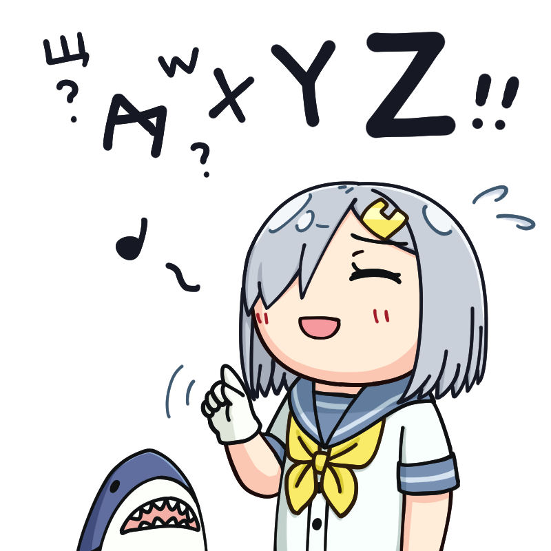 1girl alphabet blue_eyes commentary_request cyrillic eighth_note grey_sailor_collar hair_ornament hair_over_one_eye hairclip hama!_(3toshinhmkz) hamakaze_(kancolle) index_finger_raised kantai_collection mixed-language_text music musical_note neckerchief no_nose quarter_note rune sailor_collar school_uniform serafuku short_hair silver_hair simple_background singing solo stuffed_animal stuffed_shark stuffed_toy upper_body white_background yellow_neckerchief you're_doing_it_wrong