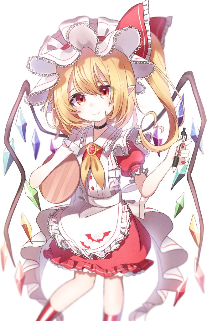 1girl alternate_costume ametama_(runarunaruta5656) animal_print apron asymmetrical_bangs asymmetrical_hair bangs bat_print black_choker blonde_hair blush bow brooch buckle buttons choker closed_mouth commentary_request crystal enmaided feet_out_of_frame flandre_scarlet frilled_apron frills hat hat_ribbon holding holding_pen holding_tray jewelry maid maid_apron mob_cap one_side_up pen pointy_ears puffy_short_sleeves puffy_sleeves rainbow_order red_bow red_eyes red_nails red_ribbon ribbon ruby_(gemstone) short_sleeves simple_background smile solo standing touhou tray waist_apron white_apron white_background white_headwear wings