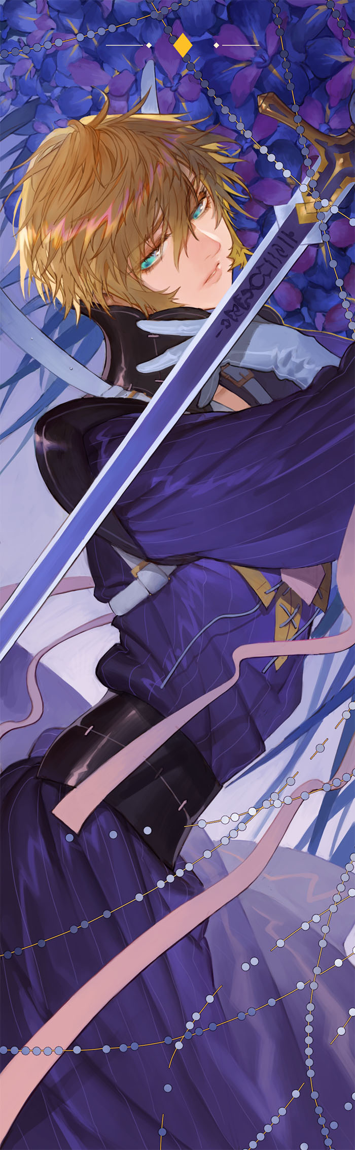 1boy blonde_hair eyebrows_visible_through_hair fate/grand_order fate_(series) green_eyes highres knight long_sleeves male_focus open_mouth roland_(fate) shaliva short_hair solo sword weapon