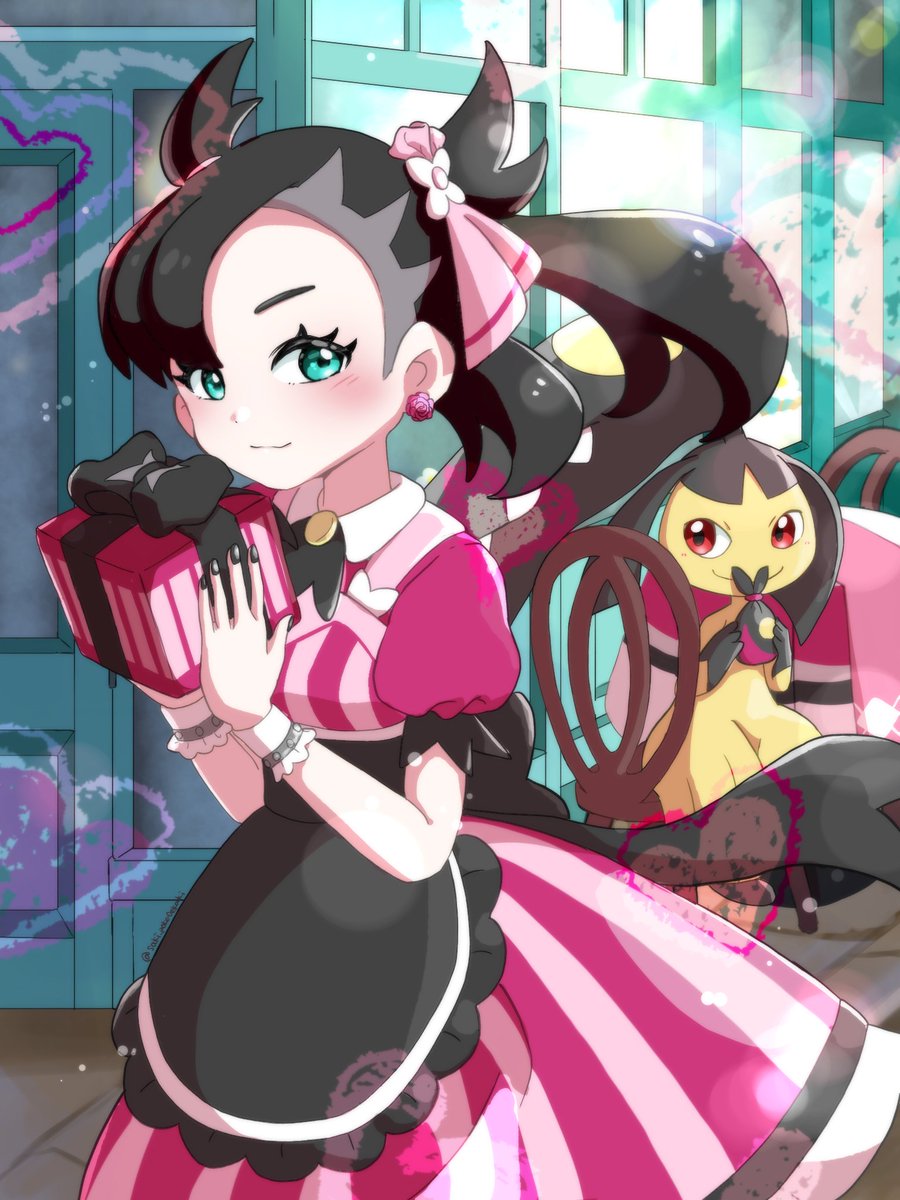 1girl apron ascot black_apron black_ascot black_hair black_nails blush closed_mouth commentary_request dress earrings eyelashes floating_hair gift green_eyes hair_ribbon heart highres holding holding_gift jewelry looking_at_viewer marnie_(pokemon) mawile nail_polish official_alternate_costume pink_dress pink_ribbon pokemon pokemon_(creature) pokemon_(game) pokemon_masters_ex ribbon saki_pokeoekaki short_sleeves smile tied_hair twintails valentine waist_apron wrist_cuffs