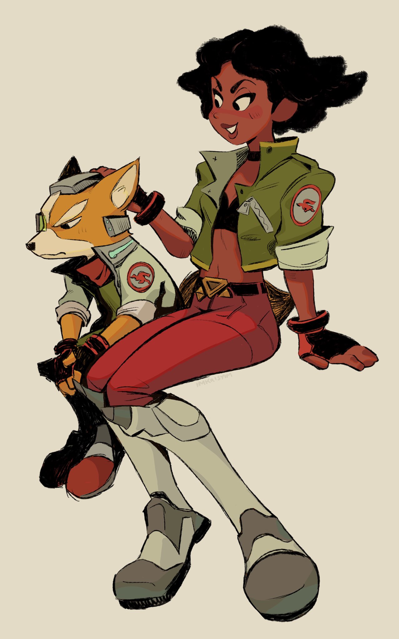 1boy 1girl alternate_skin_color animal_ears animal_nose artist_name bandana belt belt_buckle black_belt black_eyes black_gloves black_hair black_skin body_fur boots brown_fur buckle choker closed_mouth colored_skin english_commentary fingerless_gloves fox_boy fox_ears fox_mccloud frown furry furry_male gloves green_jacket green_shirt grey_background hand_on_another's_head headgear highres imkrisyim jacket light_blush open_clothes open_jacket pants prototype red_bandana red_footwear red_pants shirt short-haired_woman_(star_fox_2_prototype) short_hair simple_background sitting smile snout star_fox_2 thick_eyebrows two-tone_fur v-shaped_eyebrows white_footwear white_fur white_jacket zipper