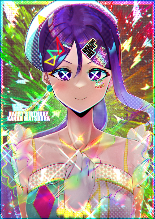 1girl amazing_travel_dna bangs birthday blue_hair bracelet breasts character_name collarbone commentary earrings english_text gloves hair_ornament happy_birthday hat jewelry looking_at_viewer love_live! love_live!_sunshine!! low_ponytail matsuura_kanan medium_breasts ponytail portrait see-through single_earring single_sidelock smile solo upper_body violet_eyes white_gloves x-shaped_pupils yaa-kun