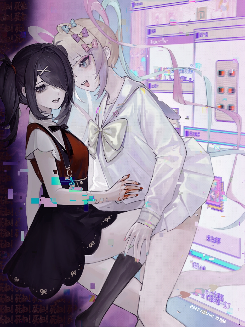 2girls ame-chan_(needy_girl_overdose) bandaged_arm bandages black_background black_hair black_legwear black_nails black_ribbon blood blue_bow blue_eyes blue_hair blue_nails blush bow chouzetsusaikawa_tenshi-chan drill_hair eyebrows_visible_through_hair eyeliner frills glitch grey_eyes hair_bow hair_ornament hairpin heart highres holographic_clothing internet large_bow long_sleeves makeup multicolored_hair multicolored_nails multiple_girls nail_polish needy_girl_overdose one_eye_covered open_mouth pink_bow pink_hair pink_nails puffy_short_sleeves puffy_sleeves purple_bow quad_tails rae_(632230212) red_nails ribbon screen screen_light short_hair short_sleeves skirt socks sticker suspender_skirt suspenders tearing_up tears teeth thighs translated twin_drills twintails upper_teeth white_hair yellow_bow yellow_nails