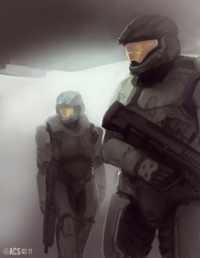 2others ambiguous_gender anthony_scroggins_(shimmering_sword) assault_rifle bullpup completion_time english_commentary grey_theme gun halo_(series) holding holding_gun holding_weapon looking_ahead looking_to_the_side ma5 multiple_others power_armor rifle science_fiction scope sketch spartan_(halo) visor weapon
