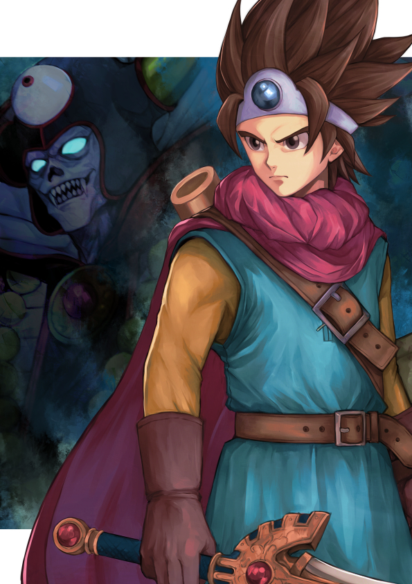 1boy belt border brown_gloves brown_hair cape circlet closed_mouth commentary dragon_quest dragon_quest_iii gloves glowing glowing_eyes grey_eyes holding holding_sword holding_weapon looking_away male_focus natrium_picture pointy_hair red_cape roto serious shaded_face sharp_teeth sheath solo_focus spiky_hair sword teeth third_eye tunic v-shaped_eyebrows weapon white_border yellow_sleeves