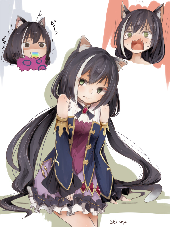 1girl @_@ akino_shuu animal_ear_fluff animal_ears bangs black_hair blue_sleeves breasts cat_ears cat_girl cat_tail closed_mouth commentary_request detached_sleeves eyebrows_visible_through_hair frilled_skirt frills green_eyes hair_between_eyes karyl_(princess_connect!) long_hair long_sleeves low_twintails multicolored_hair multiple_views princess_connect! purple_skirt shirt skirt sleeveless sleeveless_shirt sleeves_past_wrists small_breasts streaked_hair tail tears twintails twitter_username very_long_hair vomiting_rainbows wavy_mouth white_hair white_shirt wide_sleeves