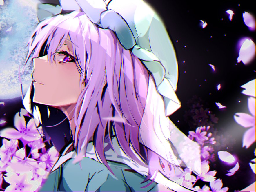 1girl bangs black_background blue_sweater blurry bonnet cherry_blossoms eyebrows_visible_through_hair eyelashes flower from_side full_moon hair_between_eyes krs_(kqrqsi) light light_blush light_rays light_smile long_hair looking_at_viewer moon night night_sky petals pink_eyes pink_hair pink_theme portrait profile saigyouji_yuyuko sailor_collar sideways_glance sky smile solo sweater touhou