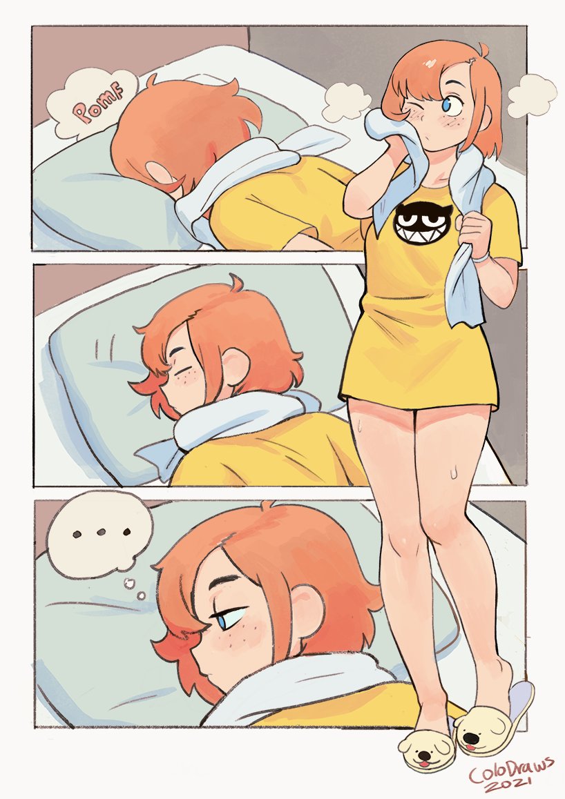 ... 1girl bed blue_eyes blush colo_(nagrolaz) english_commentary freckles pillow pomf redhead rita_(sweethex) shirt short_hair signature slippers solo spoken_ellipsis sweethex thought_bubble towel towel_around_neck