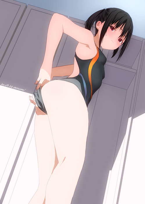 1girl adjusting_clothes adjusting_swimsuit armpits artist_name ass baba_arumi bangs black_hair black_swimsuit blush breasts brown_hair character_request commentary_request competition_swimsuit copyright_request dated from_below legs locker looking_at_viewer one-piece_swimsuit ponytail signature small_breasts solo swimsuit thighs