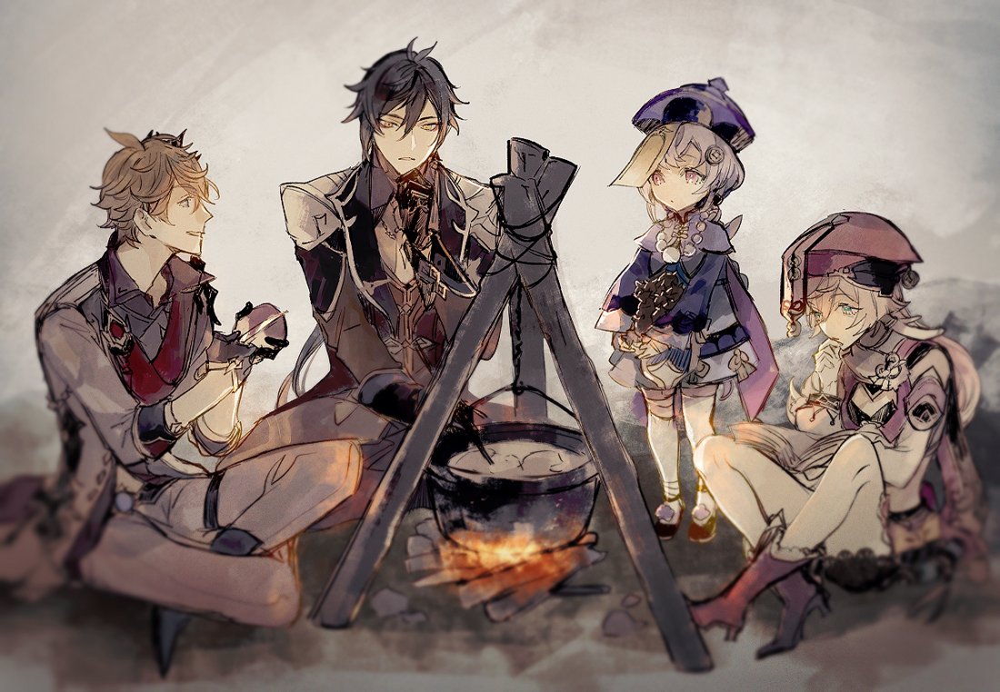 2boys 2girls antlers apple bangs bead_necklace beads black_gloves black_hair book boots brown_hair campfire coat coin_hair_ornament cooking dress food fruit genshin_impact gloves grey_background hair_ornament hat hohobukuro88 holding holding_food jacket jewelry long_hair long_sleeves mask mask_on_head multicolored_hair multiple_boys multiple_girls necklace ofuda orange_hair pants peeling pink_hair pot purple_hair qing_guanmao qiqi_(genshin_impact) simple_background sitting tartaglia_(genshin_impact) thigh-highs vision_(genshin_impact) yanfei_(genshin_impact) zhongli_(genshin_impact)