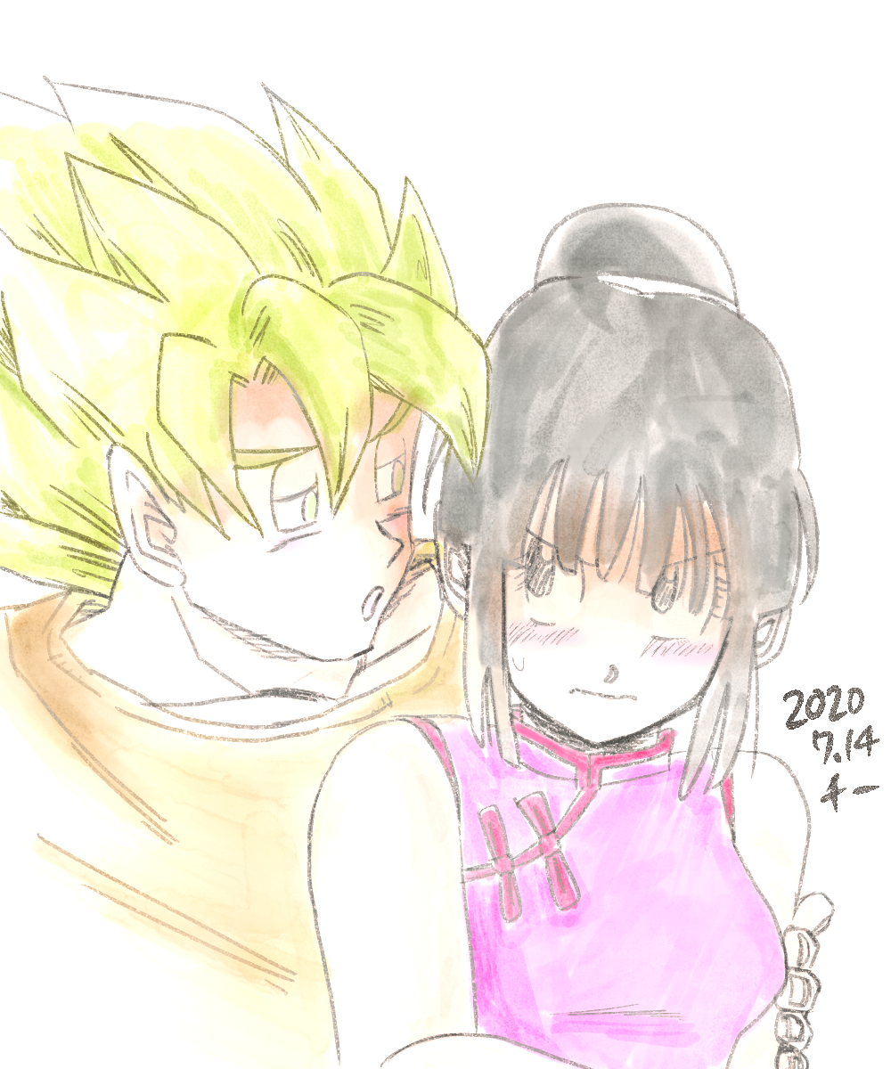 1boy 1girl arms_at_sides bangs bare_arms black_eyes black_hair blonde_hair blunt_bangs blush breasts chi-chi_(dragon_ball) chi_(cmon_57) china_dress chinese_clothes closed_mouth collarbone couple dragon_ball dragon_ball_z dress eyelashes fingernails frown green_eyes hair_bun half-closed_eyes hand_on_another's_arm hetero highres looking_at_another medium_breasts nervous orange_shirt pale_color parted_lips pink_dress shirt shy side-by-side sidelocks sideways_glance simple_background sleeveless sleeveless_dress son_goku spiky_hair super_saiyan super_saiyan_1 sweatdrop upper_body v-shaped_eyebrows wavy_mouth white_background