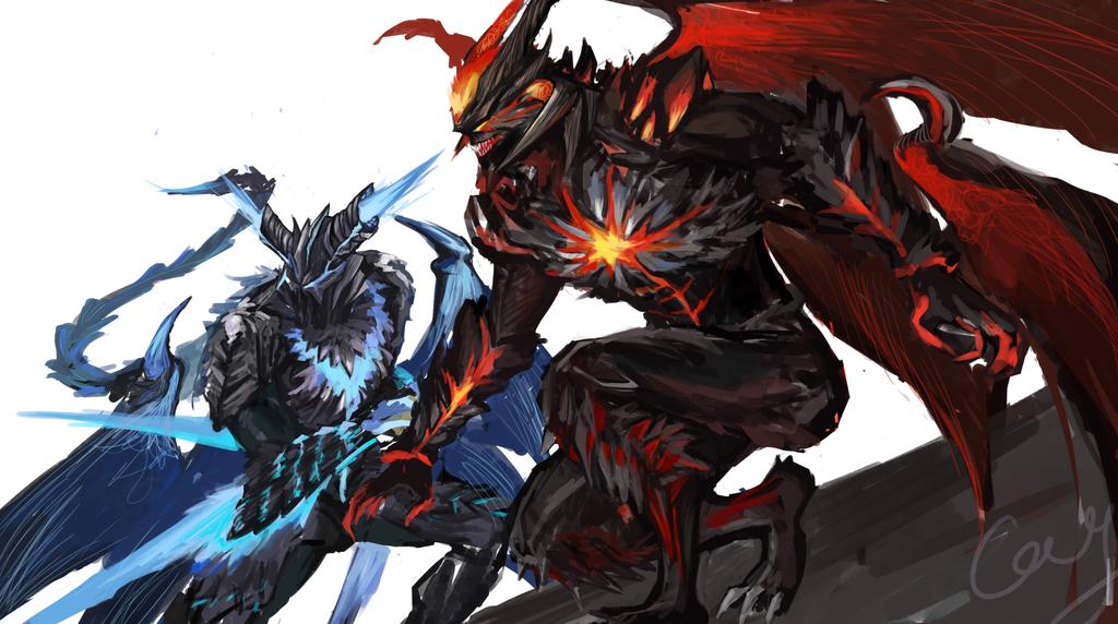 2boys black_horns blue_eyes canghai claws dante_(devil_may_cry) demon demon_horns demon_tail demon_wings devil_may_cry_(series) devil_may_cry_5 devil_trigger glowing horns low_wings male_focus multiple_boys multiple_horns multiple_wings no_pupils open_mouth sharp_teeth signature sin_devil_trigger sketch squatting tail teeth vergil_(devil_may_cry) wings yellow_eyes