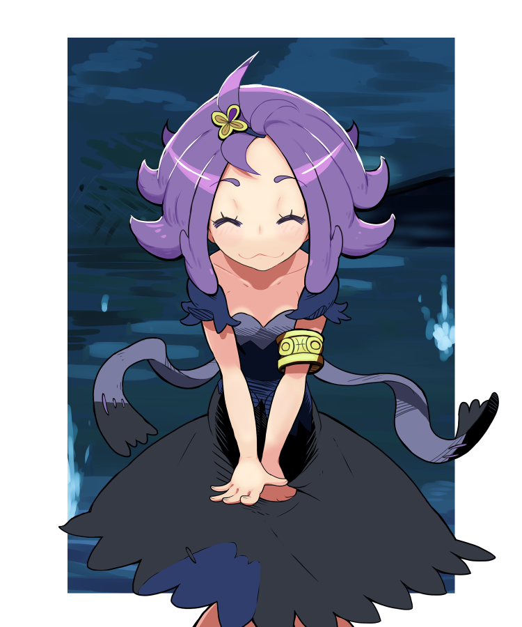 1girl :3 ^_^ acerola_(pokemon) armlet bangs black_dress blue_background blush border child closed_eyes closed_mouth collarbone commentary_request denseitsunosupernanashi dress eyebrows_visible_through_hair facing_viewer flat_chest hair_ornament leaning_forward light_blush outside_border own_hands_together pokemon pokemon_(game) pokemon_sm purple_hair shiny shiny_hair short_hair short_sleeves sidelocks smile solo standing straight-on v_arms white_border
