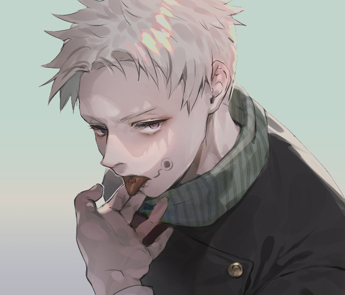 1boy 1other facial_mark grey_hair inumaki_toge jujutsu_kaisen natsuhiko solo_focus striped striped_clothes tattoo tongue tongue_out tongue_tattoo upper_body violet_eyes