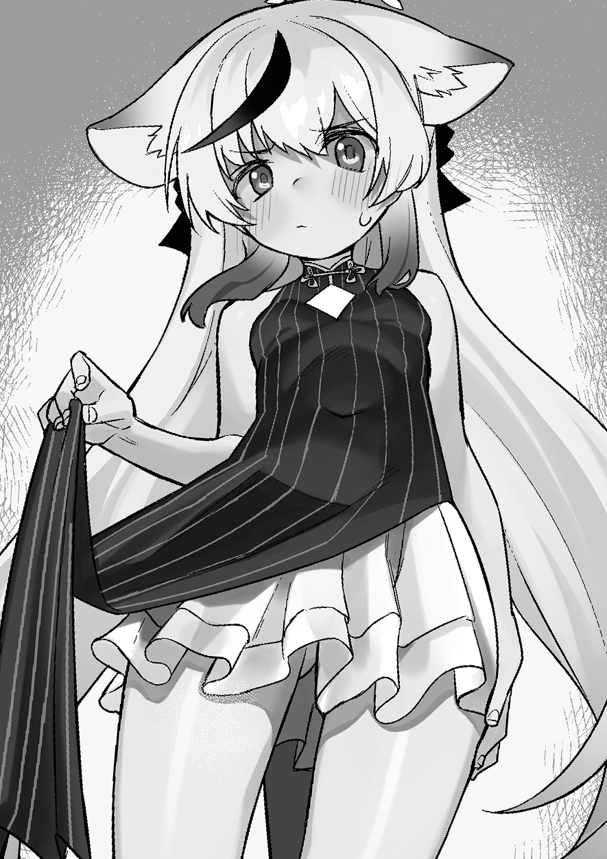 1girl animal_ear_fluff animal_ears black_dress black_hair blue_archive blush breasts chinese_clothes closed_mouth cowboy_shot dress frilled_skirt frills from_below greyscale highres kokona_(blue_archive) looking_at_viewer miyamae_(miyazen9311) monochrome multicolored_hair pout sidelocks skirt skirt_hold small_breasts solo streaked_hair striped striped_dress sweat white_hair