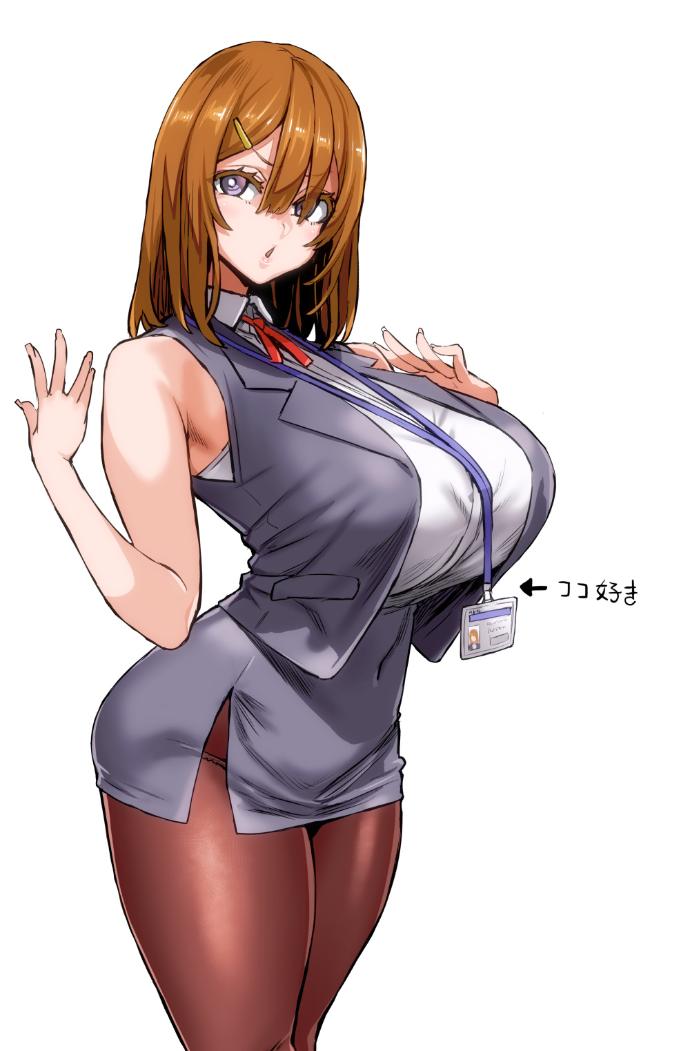 1girl :o armpits asanagi blue_eyes breasts brown_hair check_translation collared_shirt commentary formal hair_ornament hairclip highres id_card large_breasts mature_female office_lady original pantyhose pencil_skirt shirt short_hair skirt skirt_suit solo suit translation_request