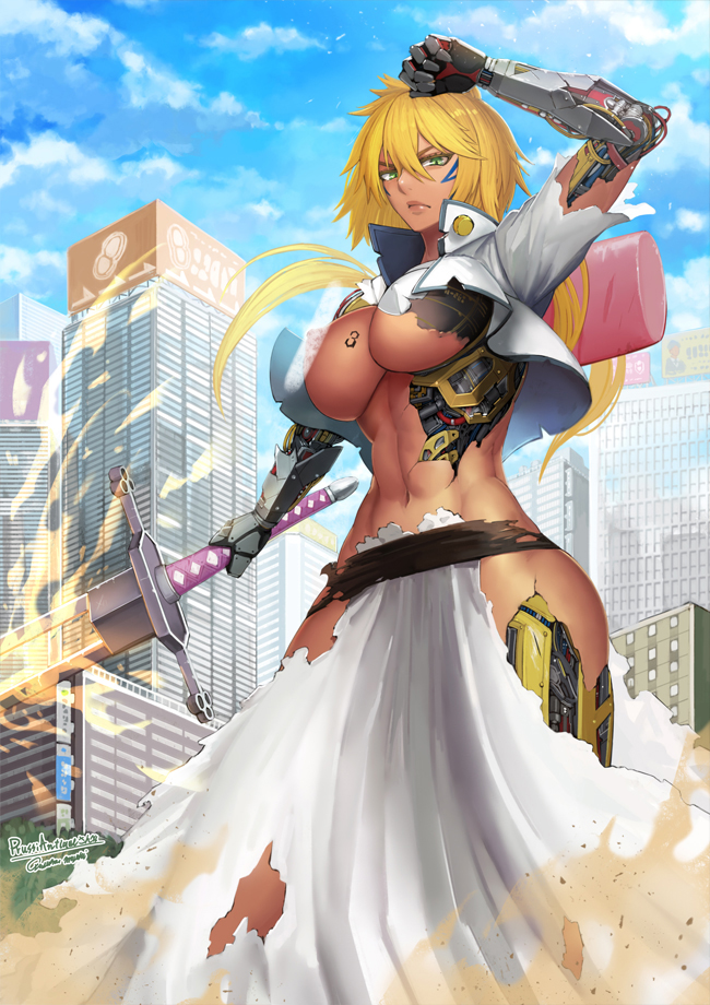 1girl abs android artist_name bangs bleach blonde_hair breast_tattoo breasts building cityscape crossed_bangs damaged eguchi_tumoru from_below green_eyes holding holding_sword holding_weapon large_breasts long_hair looking_at_viewer mechanical_arms mechanical_parts open_clothes outdoors shrug_(clothing) skyscraper solo standing sword tattoo tier_harribel torn_clothes under_boob weapon