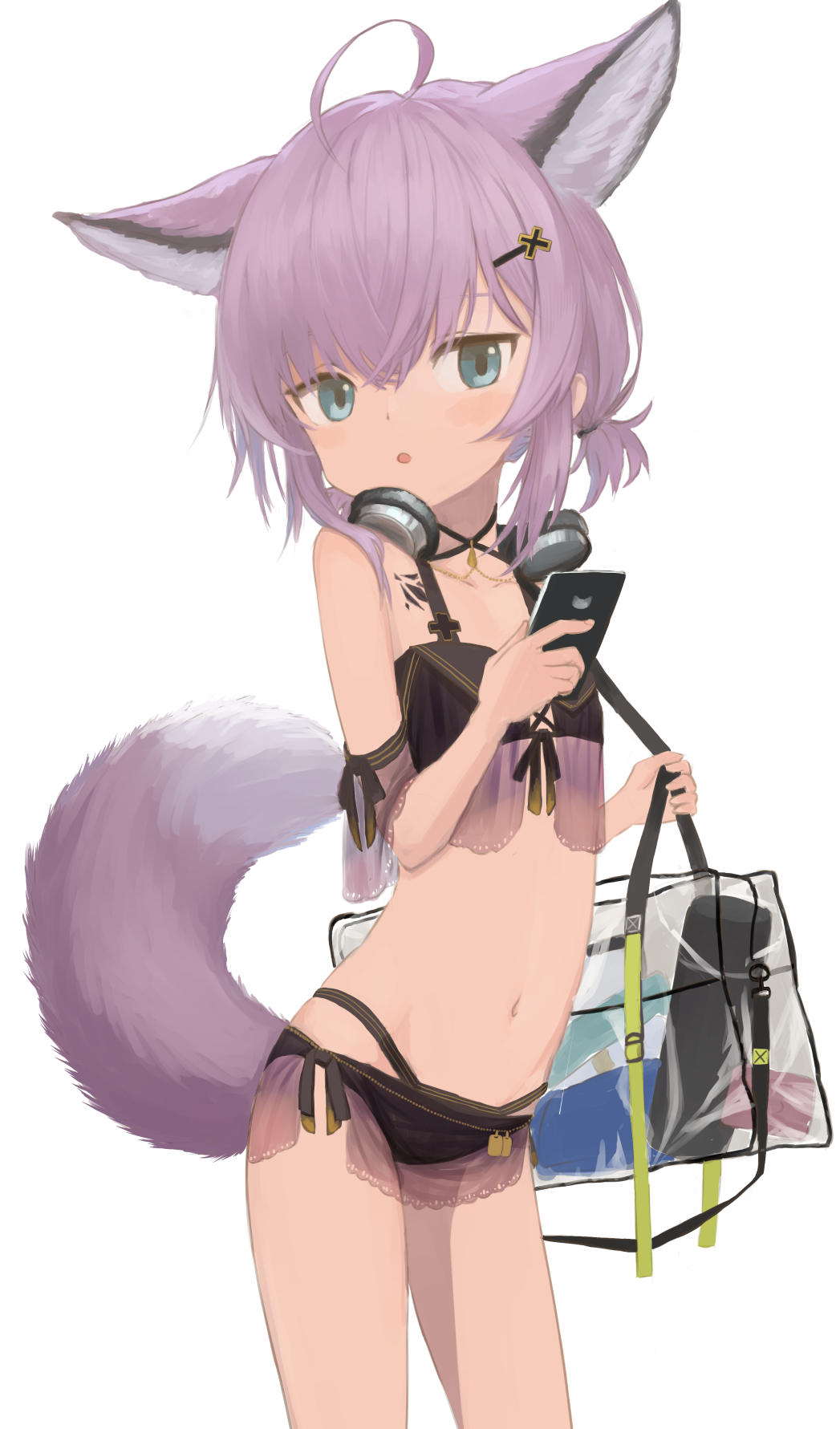 1girl :o ahoge animal_ear_fluff animal_ears arknights bag bangs bikini black_bikini blue_eyes cellphone collarbone commentary_request eyebrows_behind_hair fox_ears fox_girl fox_tail hair_between_eyes hair_ornament hairclip headphones headphones_around_neck highres holding holding_phone izumo_(ton_63) light_blush looking_at_viewer navel oripathy_lesion_(arknights) parted_lips phone purple_hair see-through simple_background solo sussurro_(arknights) sussurro_(summer_flowers)_(arknights) swimsuit tail transparent white_background x_hair_ornament