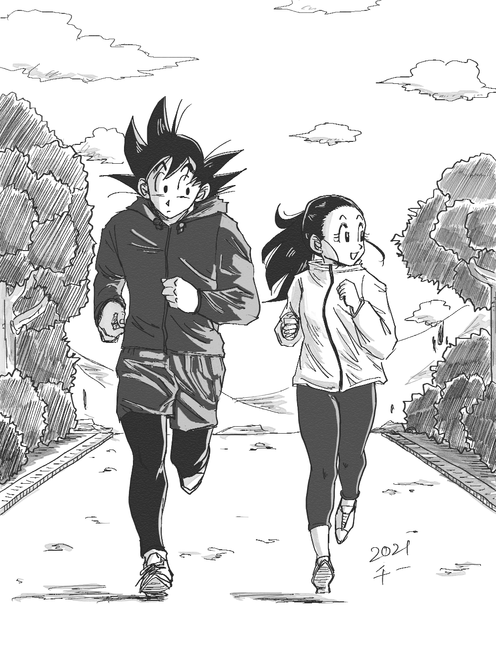 1boy 1girl arms_at_sides bangs black_eyes black_hair black_legwear bush chi-chi_(dragon_ball) chi_(cmon_57) clenched_hands closed_mouth clouds cloudy_sky collared_jacket dragon_ball drawstring expressionless eyelashes floating_hair greyscale hair_between_eyes hair_slicked_back hair_strand happy height_difference high_collar highres hood hood_down hoodie jacket jogging leggings looking_afar looking_at_another monochrome mountainous_horizon open_mouth outdoors path ponytail shadow shoes shorts side-by-side sideways_glance sky sneakers son_goku spiky_hair tree