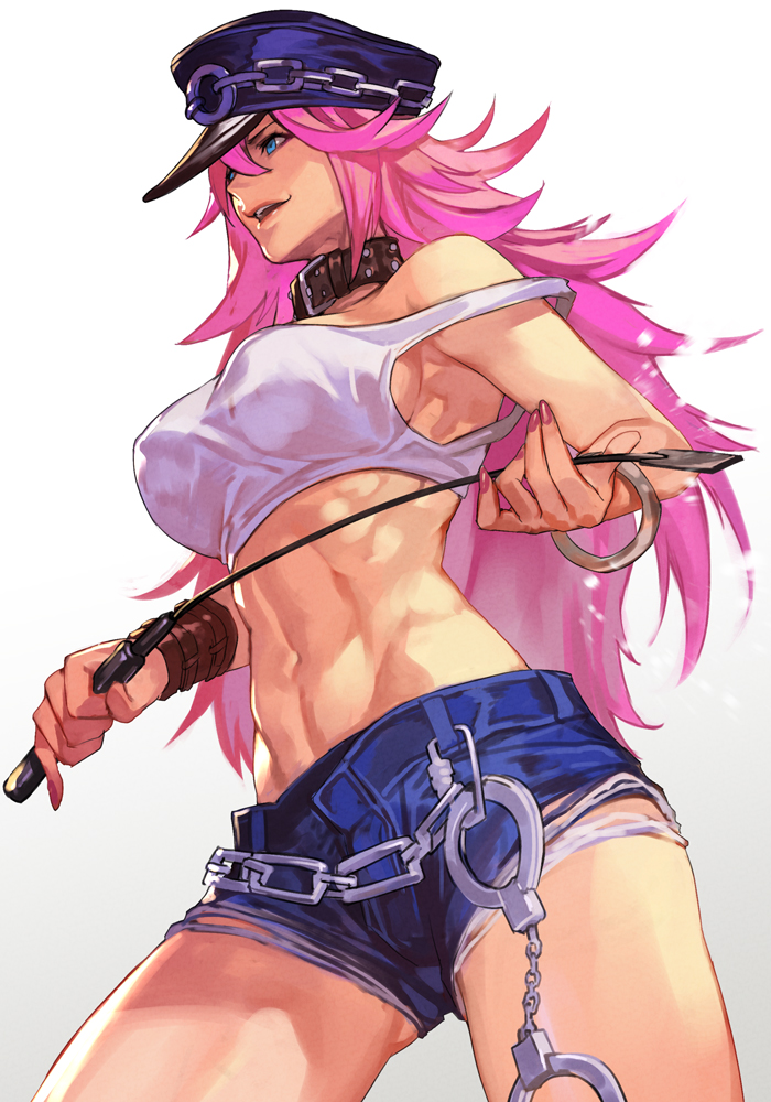 1girl abs bangle big_hair blue_eyes bracelet breasts collar cowboy_shot crop_top cuffs cutoffs denim denim_shorts from_below gradient_background handcuffs hankuri hat jewelry large_breasts leather_collar midriff muscular muscular_female navel peaked_cap pink_hair poison_(final_fight) riding_crop shorts strap_slip street_fighter street_fighter_v white_background