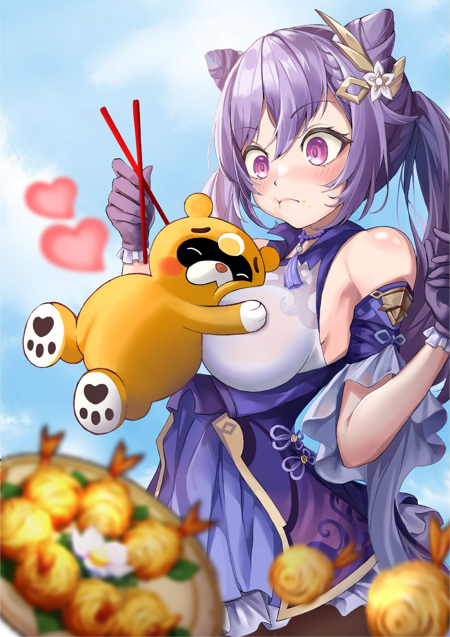 1boy 1girl ^_^ armpits bare_shoulders between_breasts blue_sky braid breast_smother breasts chopsticks closed_eyes double_bun dress eating face_to_breasts flower food food_on_face frilled_dress frilled_sleeves frills genshin_impact gloves guoba_(genshin_impact) hair_ornament hairclip happy heart highres holding holding_chopsticks hug hungz jumping keqing_(genshin_impact) medium_breasts panda pantyhose paw_print plate purple_gloves purple_hair shrimp sky twintails violet_eyes