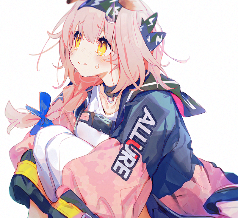 1girl animal_ears arknights bangs black_bow black_choker black_hairband blue_bow blush bow braid cat_ears choker closed_mouth clothes_writing coat crying crying_with_eyes_open eyebrows_visible_through_hair goldenglow_(arknights) hair_bow hairband knees_to_chest lightning_bolt_print long_sleeves looking_away looking_up namie-kun open_clothes open_coat shirt side_braid simple_background sitting solo tears two-tone_coat white_background white_shirt yellow_eyes