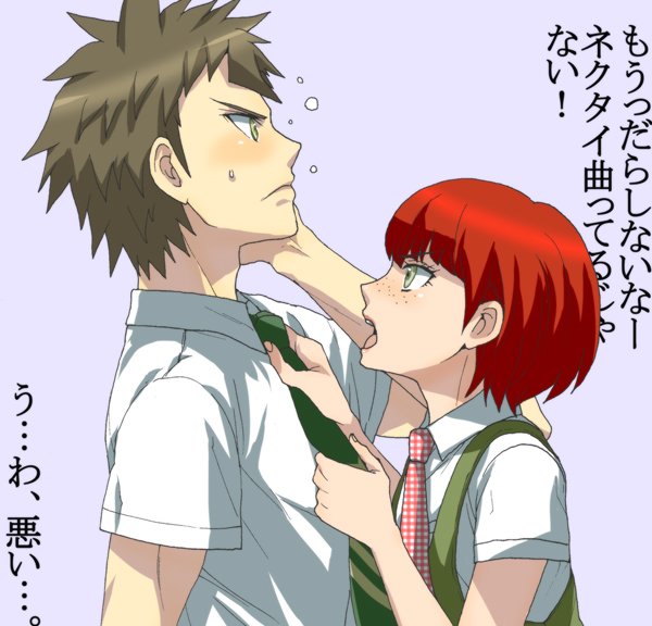 1boy 1girl bangs brown_hair collared_shirt danganronpa_(series) danganronpa_2:_goodbye_despair dosugon dress freckles from_side green_dress green_necktie grey_background hinata_hajime koizumi_mahiru necktie open_mouth plaid_necktie redhead shiny shiny_hair shirt short_hair short_sleeves simple_background spiky_hair teeth tongue translation_request upper_teeth white_shirt