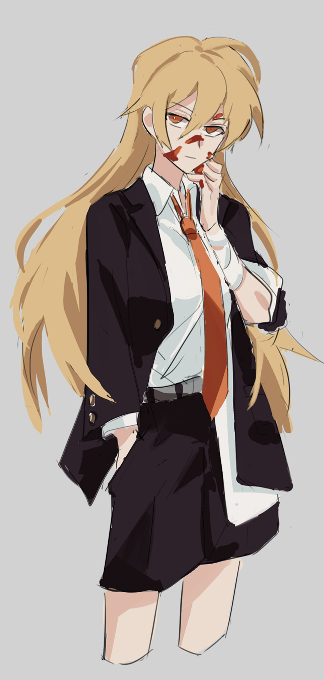 1girl alternate_costume arong bandaged_arm bandages bangs belt blazer blonde_hair blood blood_on_hands dress_shirt eyebrows_visible_through_hair grey_background hand_in_pocket hand_on_own_face highres jacket long_hair looking_at_viewer matara_okina necktie red_necktie shirt sidelocks simple_background skirt solo thighs touhou white_shirt