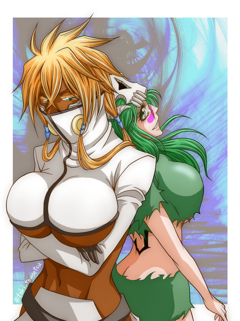 2girls arms_under_breasts artist_name ass back-to-back back_tattoo black_gloves bleach blonde_hair breasts butt_crack dark-skinned_female dark_skin facial_mark gloves green_eyes green_hair high_collar large_breasts long_hair looking_at_viewer looking_back multiple_girls navel nelliel_tu_odelschwanck scar scar_on_face short_sleeves shrug_(clothing) skull_on_head standing taki_tousetsu tattoo tier_harribel torn_clothes under_boob