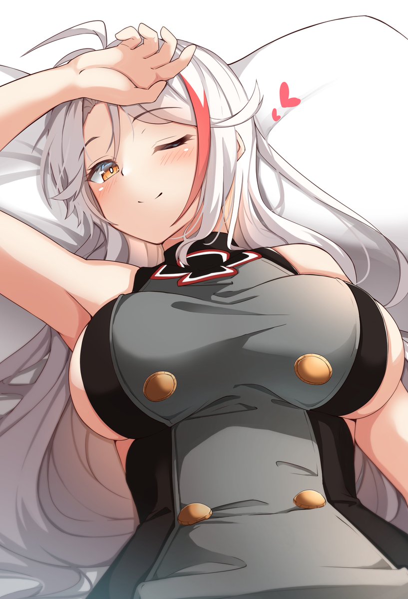 1girl ;) ahoge arm_up azur_lane bangs bare_shoulders blush breasts closed_mouth commentary_request dress eyebrows_visible_through_hair grey_dress heart large_breasts long_hair looking_at_viewer lying moyoron multicolored_hair on_back one_eye_closed orange_eyes parted_bangs pillow prinz_eugen_(azur_lane) redhead sideboob sleeveless sleeveless_dress smile solo streaked_hair very_long_hair white_background white_hair