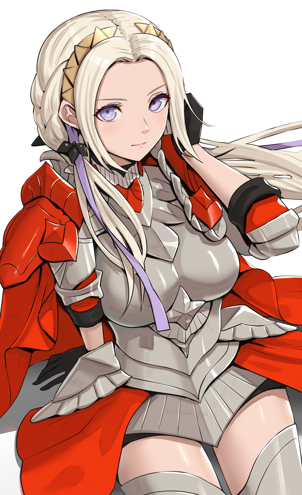 1girl armor black_gloves breastplate cape commentary_request cowboy_shot edelgard_von_hresvelg fire_emblem fire_emblem:_three_houses fire_emblem_warriors:_three_hopes forehead gloves gonzarez hair_ribbon hand_up headband highres long_hair purple_ribbon red_cape ribbon silver_hair simple_background solo standing thigh-highs violet_eyes white_background