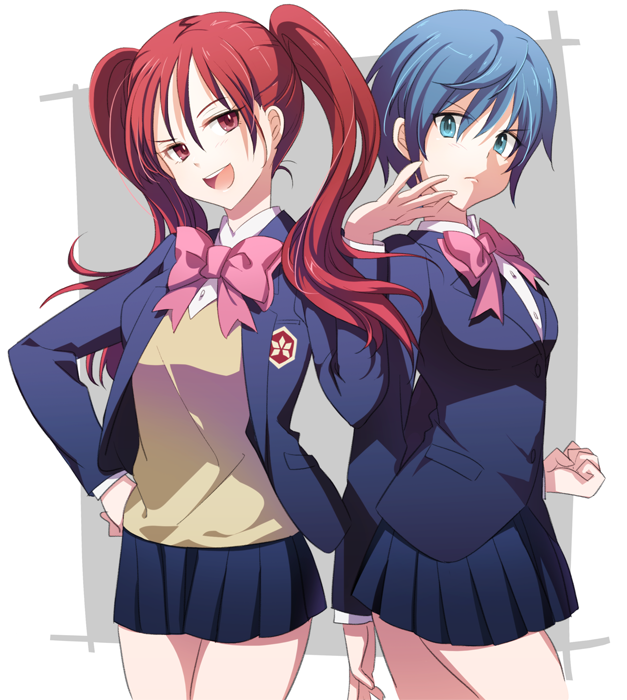 2girls :d blazer blue_eyes blue_hair bow clenched_hand cota frown hand_on_hip hand_up jacket kirishima_jun long_sleeves looking_at_viewer megaton_musashi multiple_girls pink_bow red_eyes redhead saotome_momoka school_uniform short_hair simple_background skit smile standing twintails