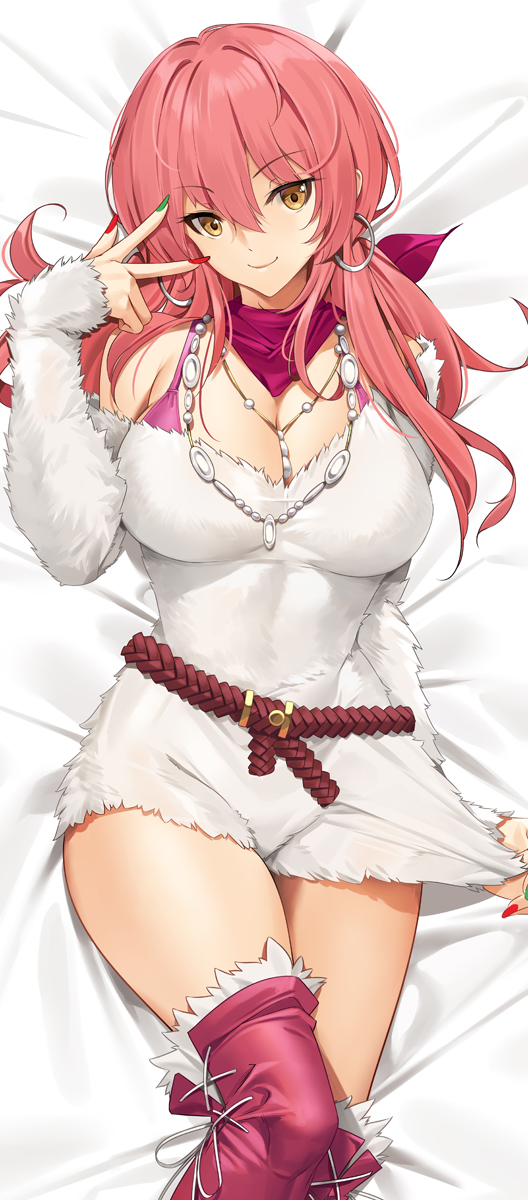 1girl bangs bed_sheet belt boots breasts brown_eyes commentary dakimakura_(medium) detached_sleeves dress earrings english_commentary eyebrows_visible_through_hair fur-trimmed_boots fur_trim green_nails hair_between_eyes highres hoop_earrings idolmaster idolmaster_cinderella_girls inward_v jewelry jougasaki_mika large_breasts long_hair looking_at_viewer lying mixed-language_commentary multicolored_nails nail_polish necklace on_back pink_footwear pink_hair red_nails smile solo thigh-highs thigh_boots tony_guisado white_dress