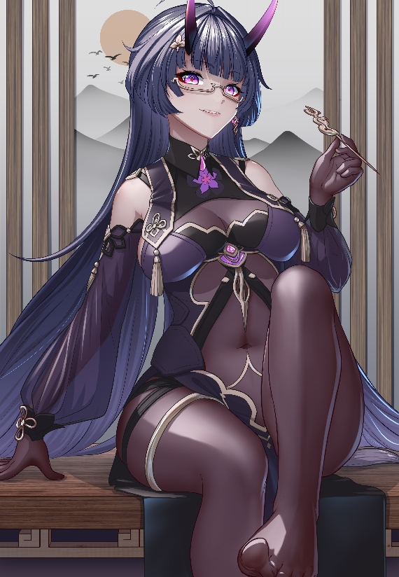 1girl aliasing bangs bare_shoulders breasts china_dress chinese_clothes dress earrings elbow_gloves gloves grin honkai_(series) honkai_impact_3rd horns jewelry large_breasts long_hair looking_at_viewer open_mouth pantyhose purple_hair purple_legwear purple_sleeves raiden_mei raiden_mei_(herrscher_of_thunder) see-through_sleeves single_earring sitting smile solo teeth violet_eyes youtuou