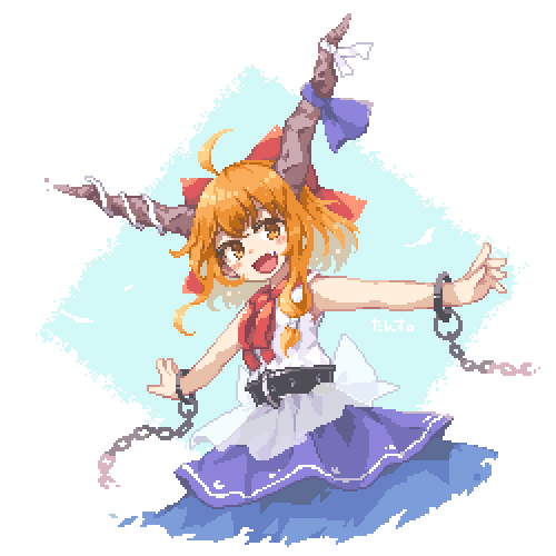 1girl ahoge alternate_hair_length alternate_hairstyle bare_arms blue_ribbon blue_skirt blush_stickers bow chain commentary fang hair_between_eyes hair_bow horn_ornament horn_ribbon horns ibuki_suika kumamoto_(bbtonhk2) lowres oni_horns open_mouth orange_eyes orange_hair outstretched_arms pixel_art print_skirt red_bow ribbon shirt short_hair skirt sleeveless sleeveless_shirt smile solo spread_arms torn_clothes torn_sleeves touhou upper_body white_shirt