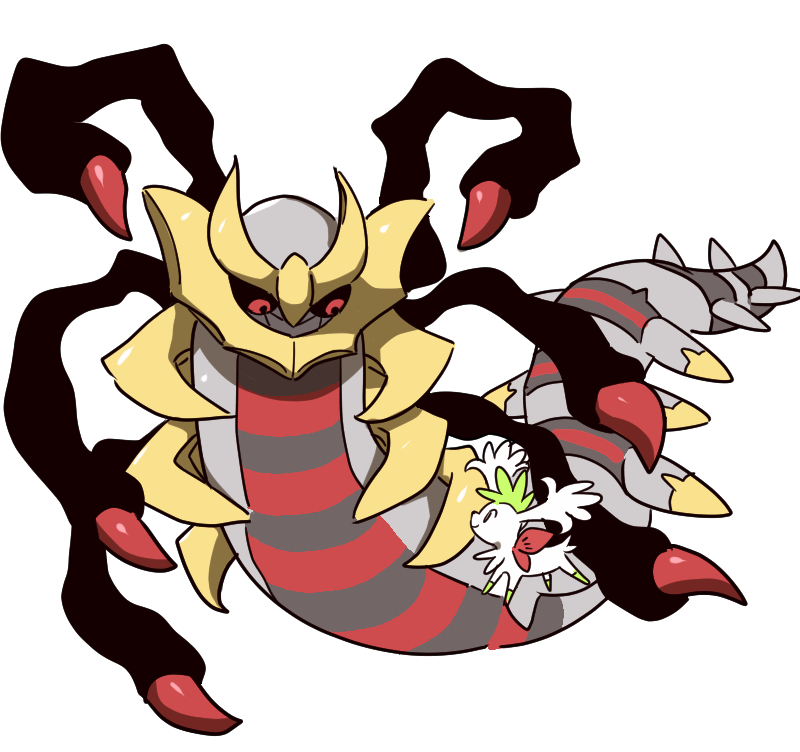 black_sclera closed_mouth colored_sclera commentary_request eye_contact giratina giratina_(origin) korean_commentary looking_at_another looking_down no_humans pokemon pokemon_(creature) red_eyes rnehrdyd1212 shaymin shaymin_(sky) shiny smile spikes