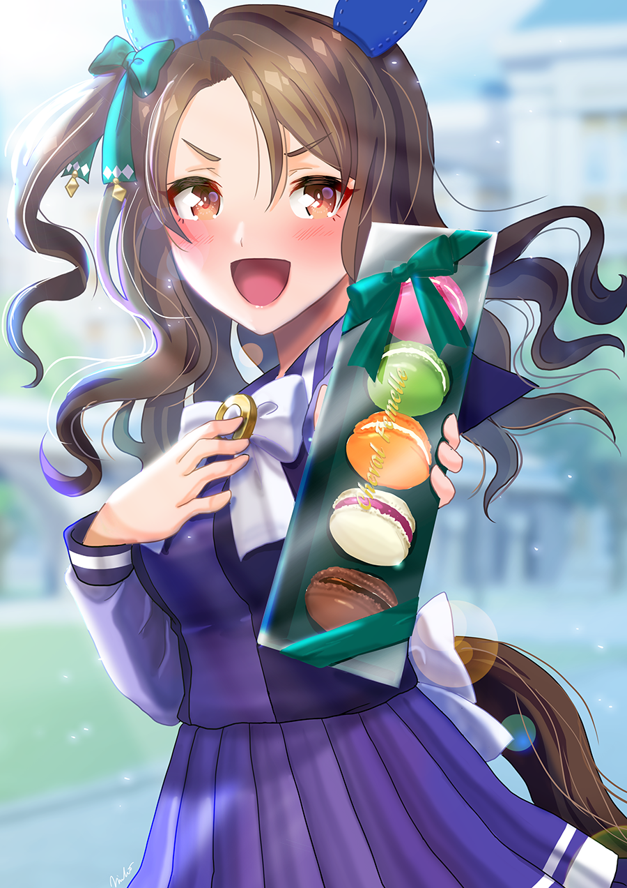 1girl animal_ears blurry blurry_background blush brown_eyes brown_hair commentary_request food gift hair_ribbon highres horse_ears horse_girl horse_tail king_halo_(umamusume) looking_at_viewer macaron otono_(bkt4b) ribbon school_uniform solo sweets tail tracen_school_uniform umamusume white_day
