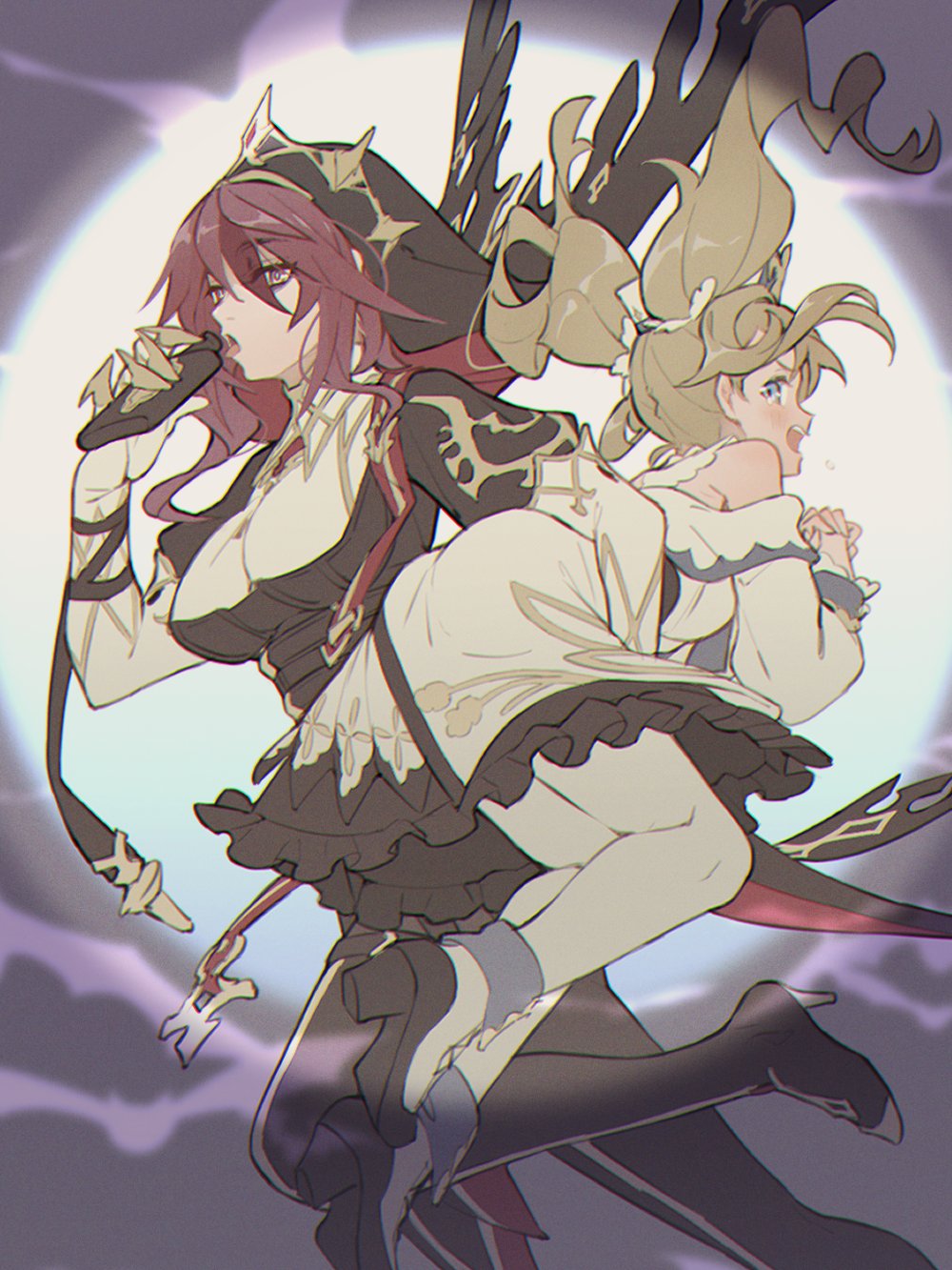 2girls barbara_(genshin_impact) blonde_hair blue_eyes carrying carrying_person carrying_under_arm claw_ring commentary_request dress genshin_impact highres multiple_girls nun official_alternate_costume priestess red_eyes redesign redhead rosaria_(genshin_impact) rosaria_(to_the_church's_free_spirit)_(genshin_impact) twintails two-tone_dress veil white_dress yoco_n02