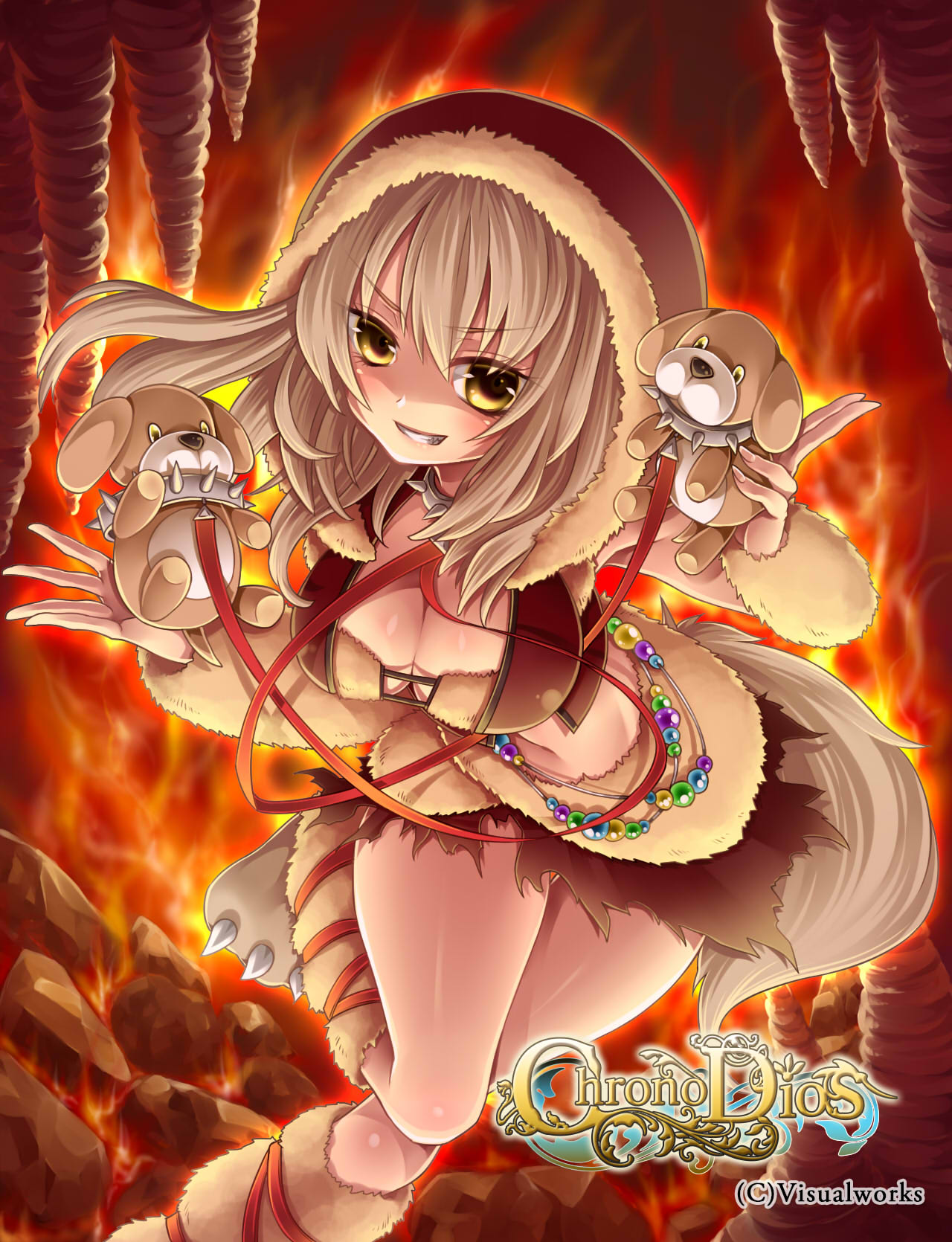 1girl breasts chrono_dios clenched_teeth copyright_name doll highres large_breasts light_brown_hair looking_at_viewer medium_hair molten_rock navel official_art smile solo stuffed_animal stuffed_dog stuffed_toy takamiya_ren teeth yellow_eyes
