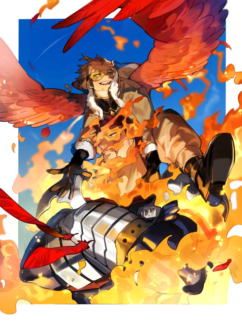2boys arm_guards beard belt black_legwear blonde_hair blue_eyes blue_sky bodysuit boku_no_hero_academia boots border burn_scar contrail costume crossed_arms day endeavor_(boku_no_hero_academia) error eye_mask facial_hair facial_mark falling_feathers feathered_wings fingerless_gloves fire fur-trimmed_jacket fur_trim gloves goatee grin hawks_(boku_no_hero_academia) headphones highres jacket male_focus mature_male multiple_boys muscular muscular_male mustache open_mouth outside_border picube525528 pyrokinesis red_feathers red_wings redhead rimless_eyewear scar scar_across_eye scar_on_cheek scar_on_face scar_on_mouth serious shirt short_hair sideburns skin_tight sky smile spiky_hair stubble thighs tight tight_shirt tinted_eyewear vambraces white_border wings wrong_hand yellow_eyes